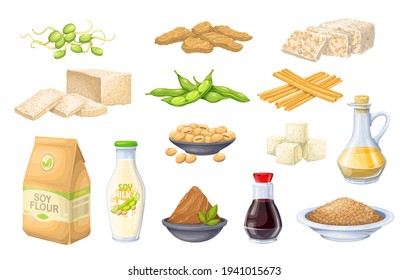 Soy product vector icon. Soy sprouts, tofu skin, coagulated soy milk, soybean, tempeh, miso, flour and ets.