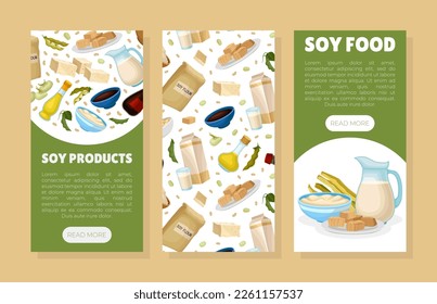 Soy products banner templates set. Vegan protein natural healthy dietary products flyer, leaflet, brochure template with space for text cartoon vector
