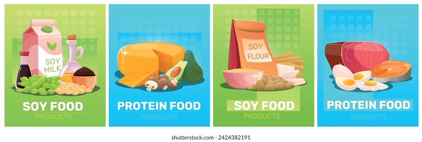 Tarjetas de productos de soja. Alimento natural de soja. Carne de granja. Pescado fresco y huevos. Las legumbres orgánicas. Comidas proteicas. Alimentación vegetariana. Dieta de leche y queso de tofu. Harina de alubias