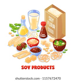 Soy products design concept set of package with soya flour and dishes from soybean cartoon vector illustration