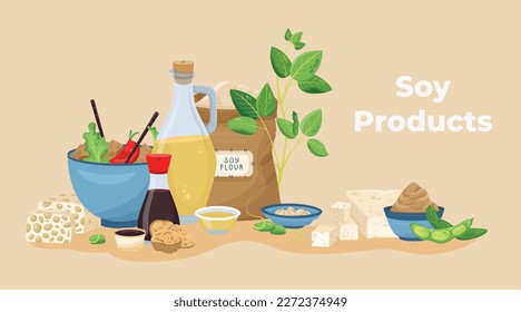 Productos de soja composición de publicidad plana de texto editable y sacos de harina de soja servidos platos e ilustración vectorial de especias