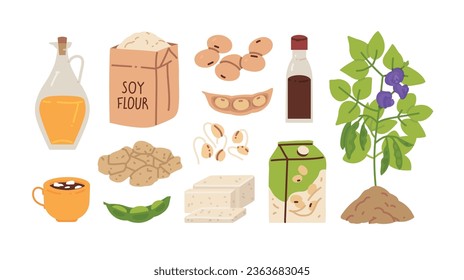 Productos de soja de conjunto plano con imágenes aisladas de harina empacar planta madura con tazas y paquetes ilustración vectorial