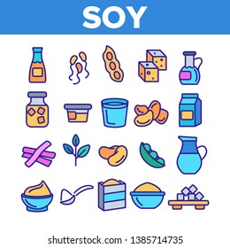 Soy Products, Food Linear Vector Icons Set. Vegetarian Soy Food Symbols Pack. Vegan Ingredients Pictograms Collection. Isolated Cooking Signs. Eco, Natural meat substitutes Items Outline Illustrations