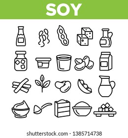 Soy Products, Food Linear Vector Icons Set. Vegetarian Soy Food Symbols Pack. Vegan Ingredients Pictograms Collection. Isolated Cooking Signs. Eco, Natural meat substitutes Items Outline Illustrations