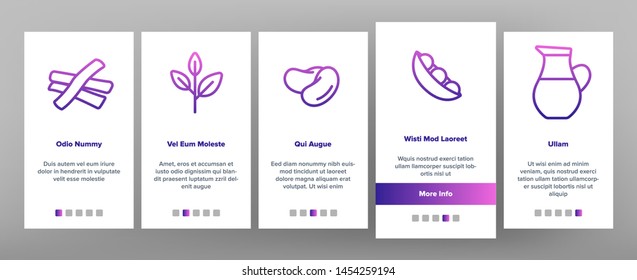 Soy Products, Food Linear Vector Onboarding Mobile App Page Screen. Vegetarian Soy Food Symbols Pack. Vegan Ingredients Pictograms Collection. Cooking Signs. Eco, Natural meat substitutes Illustration