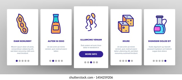 Soy Products, Food Linear Vector Onboarding Mobile App Page Screen. Vegetarian Soy Food Symbols Pack. Vegan Ingredients Pictograms Collection. Cooking Signs. Eco, Natural meat substitutes Illustration