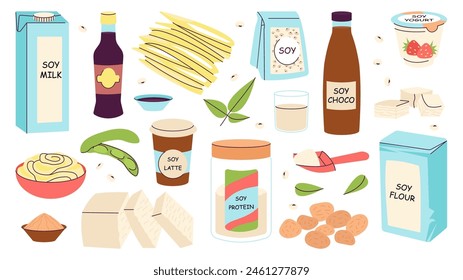 Soy products. Green beans and protein, powder and vegetable drinks with cacao. Alternative milk, sauce and tofu. Soybeans decent vector set