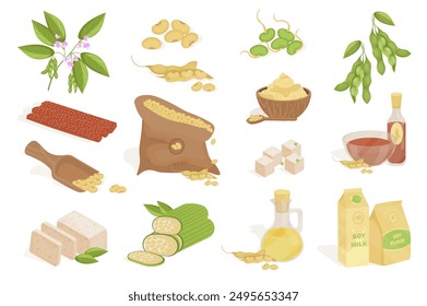 Soy products mega set elements in flat cartoon graphic design. Bundle objects of flower plant, beans, sauce, vegan milk, flour, meat with protein substitute, tofu cheese, other. Vector illustration.