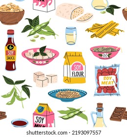 Soy products seamless pattern. Repeated soybean food, cartoon vegan tofu, noodles, sauce and milk, green proteins. Decor textile, wrapping, packaging design. Tidy vector background