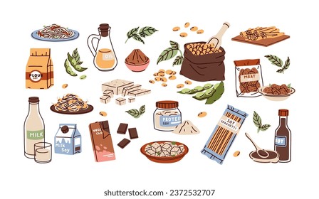 Sojabohnensatz. Sojaproteinfutter. Tofu, Bohnen, alternative Milch, vegetarisches Fleisch. Veganischer Käse, Schokolade, Sojabohnen, Sprossen, Tempel. Flache grafische Vektorgrafiken einzeln auf weißem Hintergrund