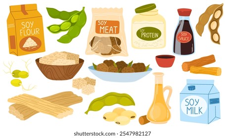 Conjunto de productos de soja. Alimento de proteína de soja. Tofu, frijoles, leche alternativa, carne vegetariana. Queso vegano, soja, brotes, espárragos. Ilustraciones vectoriales gráficas planas aisladas sobre fondo blanco