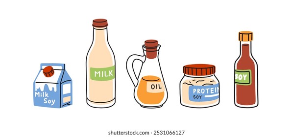 Conjunto de productos de soja. Comida vegetariana y vegana a base de plantas. Productos saludables de soja, leche, aceite, proteínas y salsa en botellas, cartones y tarros. Ilustración vectorial plana aislada sobre fondo blanco