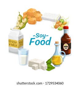 Productos de soja y alimentos de soja. Salsa vectorial de soja vegetariana, queso tofu y tempeh, leche y aceite de soja, brotes verdes y alubias. Proteínas naturales Infecciones alimentarias en un marco redondeado