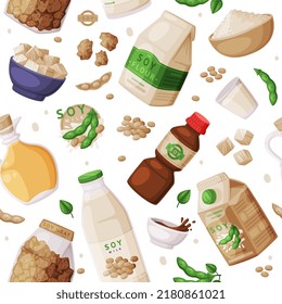 Soy Products From Soybean Plant With Soy Meat, Oil In Jar And Milk Vector Seamless Pattern