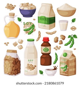 Soy Products from Soybean Plant with Soy Meat, Oil in Jar and Milk Vector Set