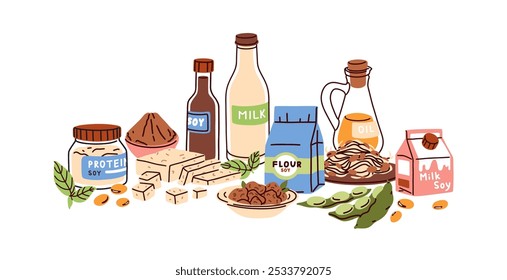 Productos de soja. Composición de comida vegana. Soja, tofu, leche vegetal, harina, proteína vegetariana. Alimentación natural orgánica saludable, nutrición de la dieta. Ilustración vectorial plana aislada sobre fondo blanco