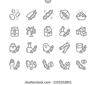 Productos de soja. Comida vegana. Sustitutos naturales de la carne. Soy libre. Menú para la cafetería. Iconos De Línea Delgada De Vector Perfecto De Pixel. Pictograma mínimo simple