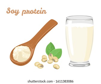 Soy protein powder and energy drink in glass  isolated on white background. Vector illustration of soy milk and soybeans in cartoon flat style.