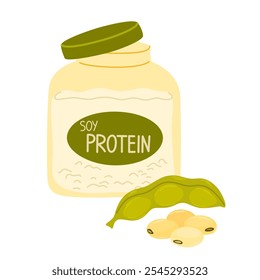 Soy protein powder. Vegan plant-based soya supplement from soybeans for bodybuilding. Healthy lactose-free soja whey ingredient, jar and pile. Flat vector illustration isolated on white background