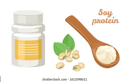 Soy protein set. Soy protein bottle, spoon with powder and soybeans isolated on white background. Vector illustration of vegan healthy food in cartoon flat style.