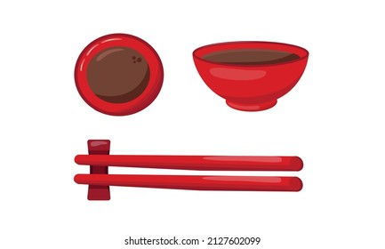 Soy sauce in black bowl with chopsticks. Vector stock illustration isolated on white background for Asian cuisine template. EPS10