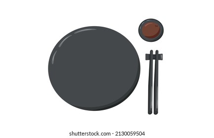 Soy sauce in black bowl plate with chopsticks. Vector stock illustration isolated on white background for Asian cuisine template. EPS10
