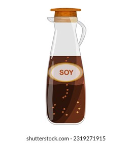 Soy sauce in bottle. Soy asian sauce in glass pitcher with handle. Glass clear jug with japanese soy dip for sushi, cooking, baking or salad dressing. Condiment and food dressing. Vector illustration