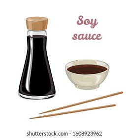 Soy sauce in a bottle, bowl and chopsticks isolated on white background. Soya sauce set. Vector illustration of asian food in cartoon flat style.