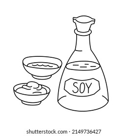 Salsa de soja. Botella y tazón. Curso de contorno modificable. Icono de línea del vector.