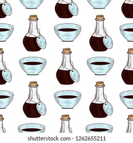 Soy. Sauce. Bottle, bowl. Sketch. Background, wallpaper, seamless, texture.