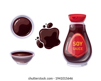 Soy sauce in bottle and bowl, sauce spilled strips and spots. Soy sauce top view. Vector illustration.