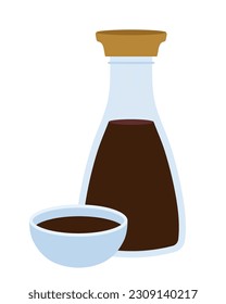 Soy sauce in a bottle and bowl. Traditional asian salty sauce. Vector illustration in flat cartoon style.