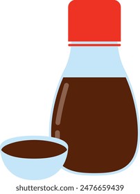 Soy sauce in a bottle and bowl. Traditional asian salty sauce. Vector illustration in flat cartoon style.