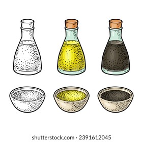Soy sauce in a bottle and bowl. Vector color vintage engraving illustration. Isolated on white background