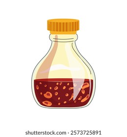 Soy sauce in bottle in flat design. Soybean brown condiment, liquid relish. Vector illustration isolated.