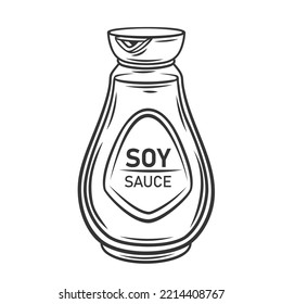 Soy sauce in bottle outline icon vector illustration. Line hand drawing container with Chinese or Japanese soybean sauce, package with dressing for sushi, delicious condiment and seasoning for food