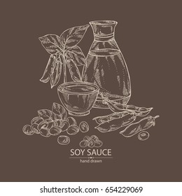 Soy sauce: a bottle of soybean, a bowl of soy sauce, soya beans and soybean plant. Vector hand drawn illustration.
