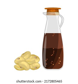 Soy sauce in bottle and soybean isolated on white background.Soy asian sauce in glass pitcher.Jug with japanese soy dip for sushi, cooking, baking or salad dressing.Condiment and food dressing. Vector