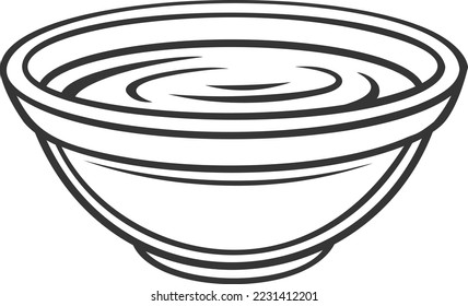 Ilustración vectorial del contorno de la salsa de soja. Sushi japonés, vaso de vidrio con condimento de shoyu y aderezo para comida asiática, salsa líquida salada en ramekin a la vista lateral
