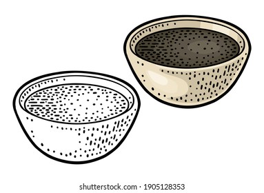 Soy sauce in bowl. Vector color vintage engraving illustration and handwriting lettering for menu, poster, label. Isolated on white background