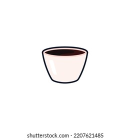 Soy sauce in ceramic bowl for Asian food and seafood, doodle cartoon style vector illustration isolated on white background. Soya sauce for sushi and fish dishes.