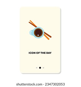 Salsa de soja con palillos de icono de vector plano. Comida asiática en el hogar o restaurante ilustraciones vectoriales aisladas. Comida, menú, cena, concepto de cultura asiática para diseño web y aplicaciones