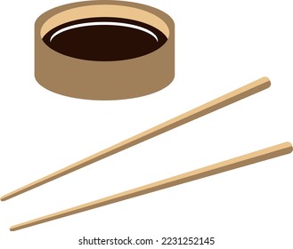 Soy sauce and chopsticks for sushi, vector. Soy sauce in a gravy boat and wooden chopsticks for sushi.