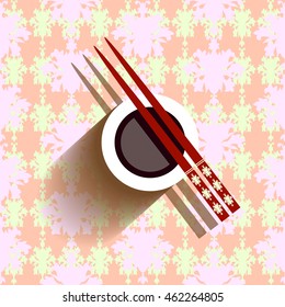 Soy sauce and chopsticks. Vector.