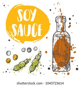 Soy sauce concept design. Logo, icon and label for your design. Ink hand drawn vector illustration. Can be used for menu, shop, restaurant, cafe, poster, banner, sushi bar, sticker.