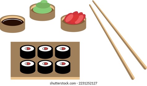 Soy sauce, ginger, wasabi, sushi and chopsticks, vector. Objects on a white background.