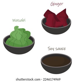 Soy sauce, ginger and wasabi for sushi. Illustration of Asian food. 
