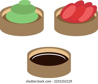 
Soy sauce, ginger and wasabi, vector. Soy sauce, ginger and wasabi in wooden cups.