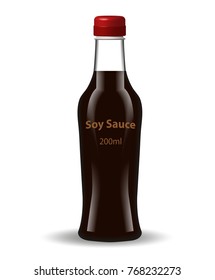 Soy sauce in a glass bottle. 3d realistic style. Asian cuisine. Isolated on white background. Mock-up for your product design. Vector illustration