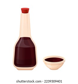 Soy sauce in glass bottle with bowl cup. Traditional asian salty sauce for sushi in cartoon style. Asian food. Colorful Vector illustration isolated on white background.